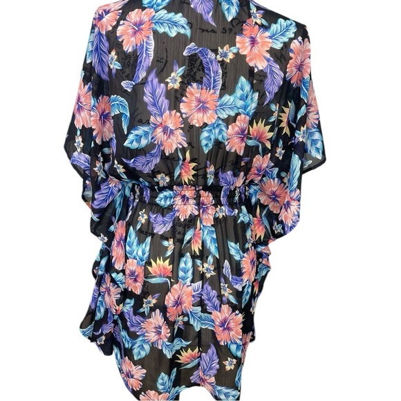 Miken Swim Floral Kimono Cover-Up Swim Elastic Waist Size Medium Black/Purple - Picture 8 of 11